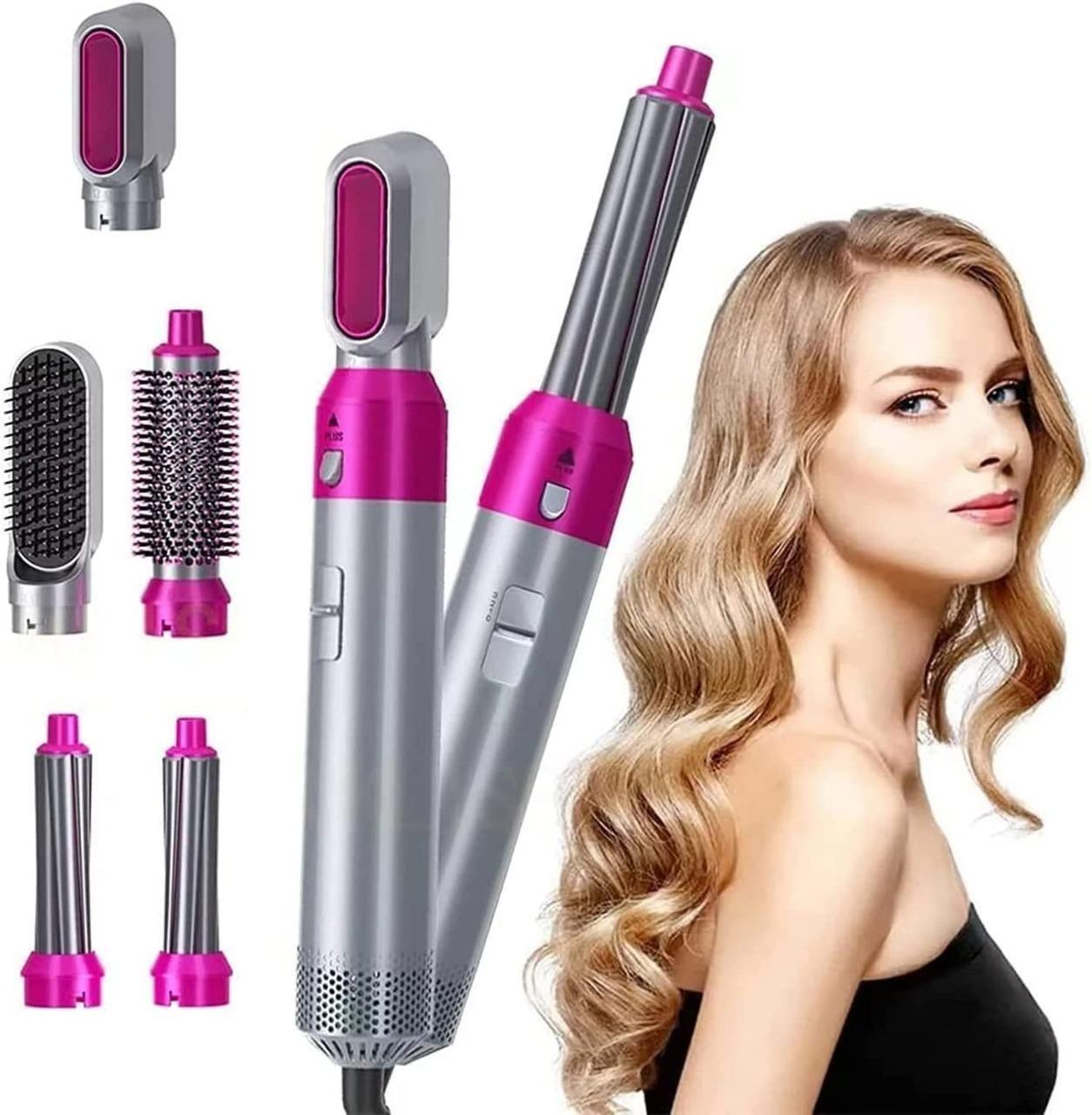5 in 1 Hair Dryer & Styling Tool | Hot Air Brush with Curler & Multi-Head Comb (Grey, Lightweight)