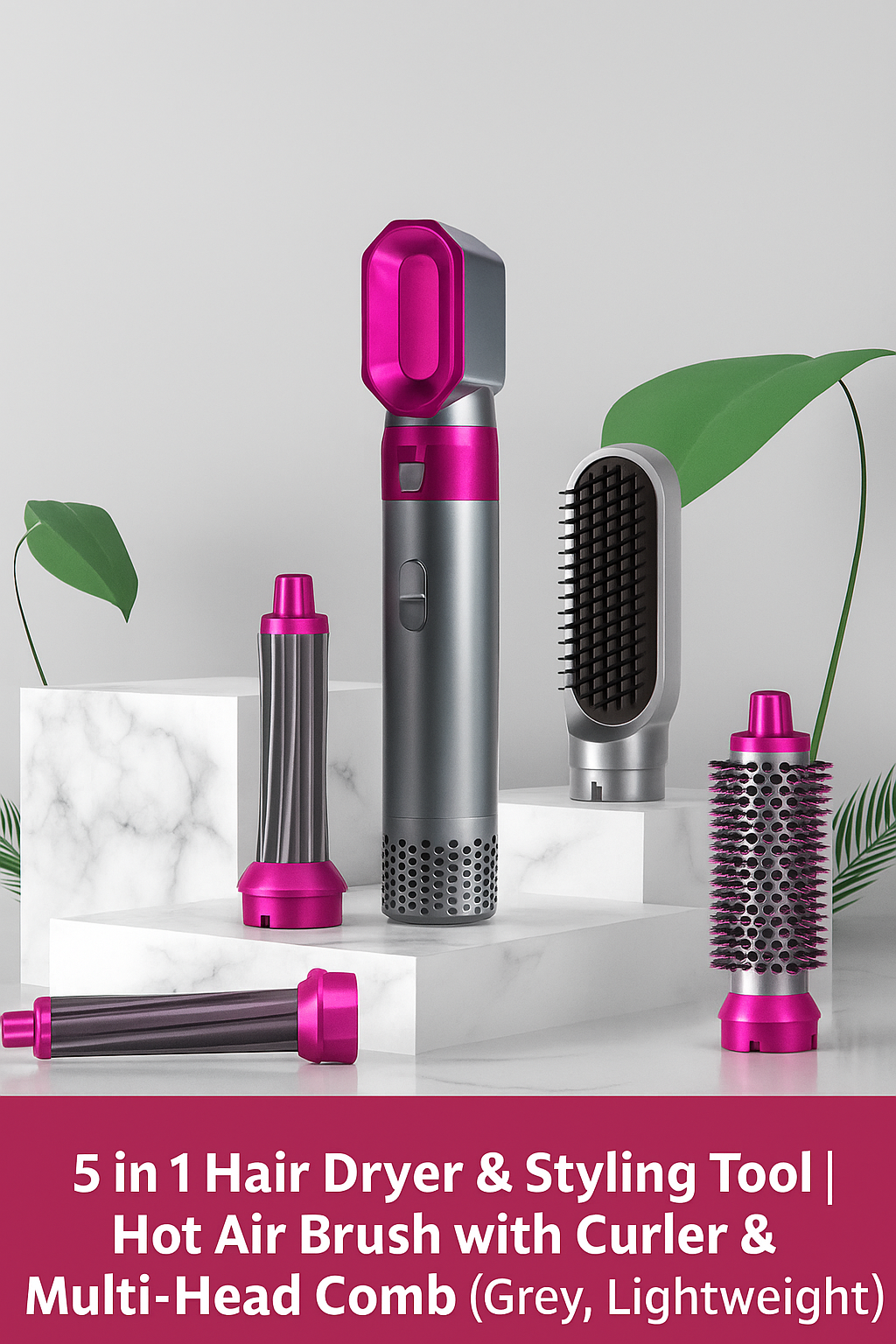 5 in 1 Hair Dryer & Styling Tool | Hot Air Brush with Curler & Multi-Head Comb (Grey, Lightweight)