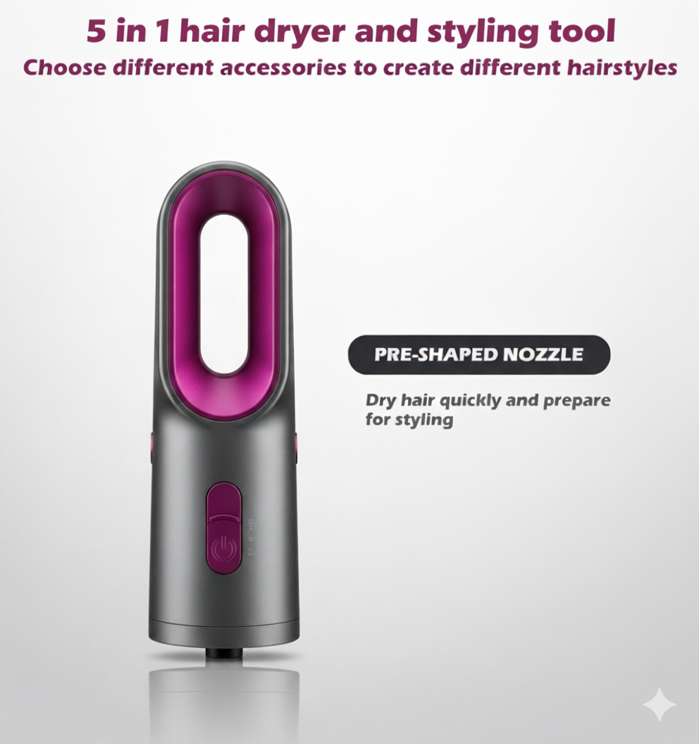 5 in 1 Hair Dryer & Styling Tool | Hot Air Brush with Curler & Multi-Head Comb (Grey, Lightweight)