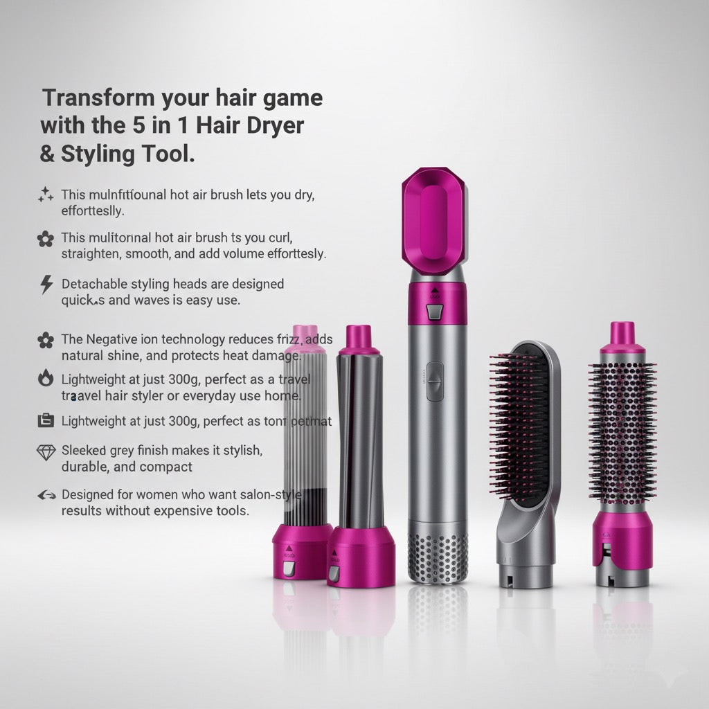5 in 1 Hair Dryer & Styling Tool | Hot Air Brush with Curler & Multi-Head Comb (Grey, Lightweight)